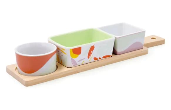 Tabla aperitivo bambú con mango 3 cuencos kaleido