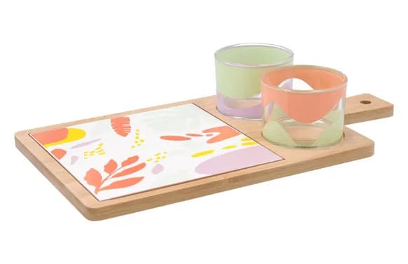 Tabla aperitivo bambu/ceramica con mango 2 bols kaleido