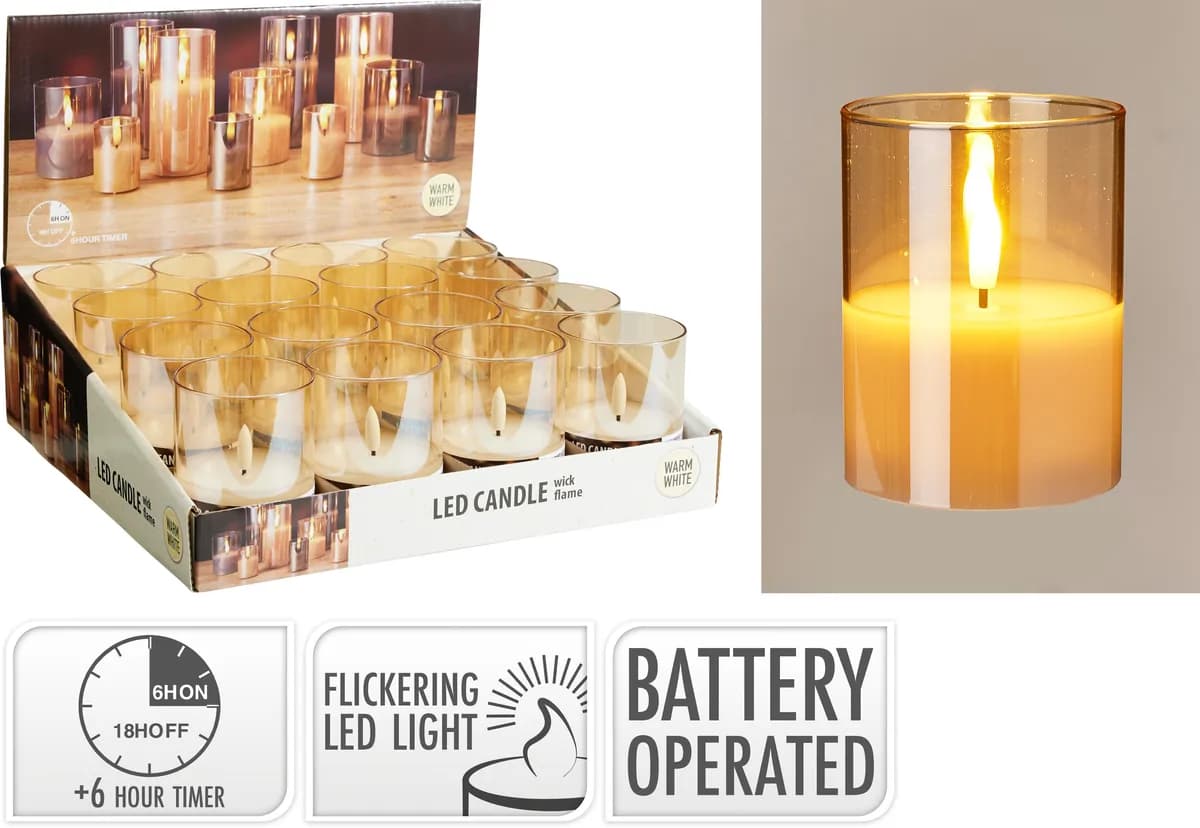 Vela led en candelabro vidrio a pilas timer