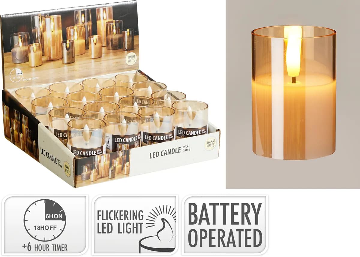 Vela led en candelabro vidrio a pilas timer