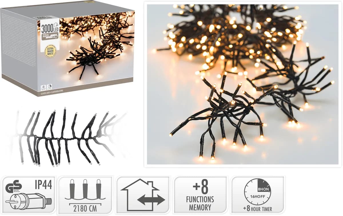 Guirnalda racimo 3000led ip44 8 funciones timer