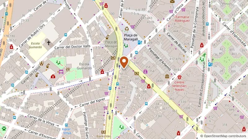 Mapa dels carrers del voltant, amb la botiga marcada al número 94 del Passeig de Maragall, al costat de la plaça