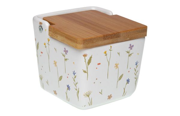 SALERO PEQUEÑO CERAMICA TAPA BAMBU DECORADO LAISON 8,8 X 8,8 X 8,5 CM