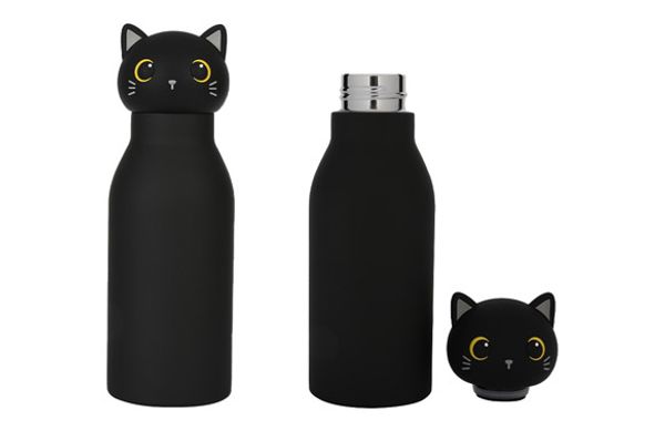 BOTELLA INOX INFANTIL TAPON FORMA GATO NEGRO - 420 ML