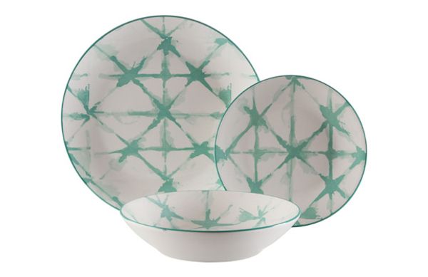 VAJILLA 18 PZS PORCELANA POMPEIA TURQUESA 6PLATOSHONDOS,6LLANOS,6POSTRE