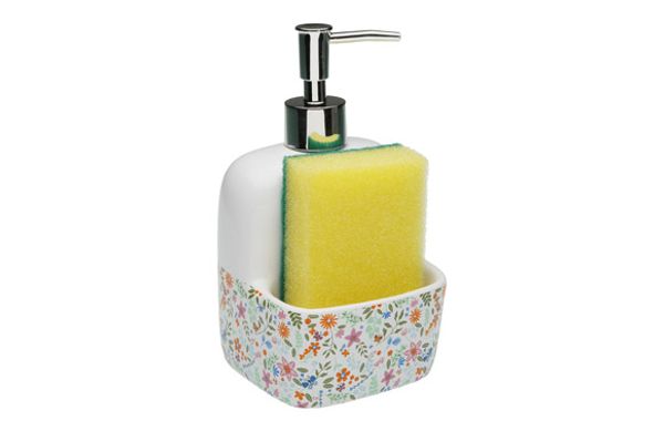 DOSIFICADOR JABON + ESTROPAJO FLOWERS 17,8X9,4X10,5CM