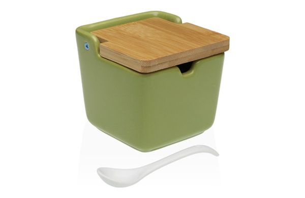 AZUCARERO CERAMICA TAPA BAMBU + CUCHARA VERDE-8,8X8,8X8,5CM.
