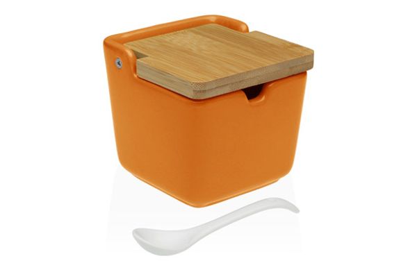AZUCARERO CERAMICA TAPA BAMBU + CUCHARA NARANJA-8,8X8,8X8,5CM