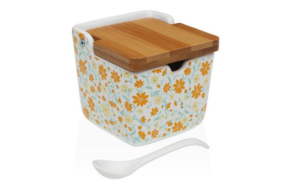AZUCARERO CERAMICA TAPA BAMBU + CUCHARA CLIVIA-8,8X8,8X8,5CM