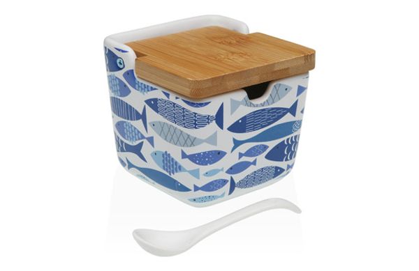 AZUCARERO CERAMICA TAPA BAMBU + CUCHARA AQUA2-8,8X8,8X8,5CM