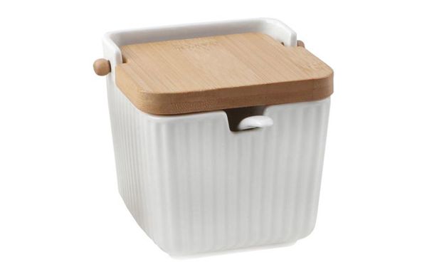 AZUCARERO PORCELANA GRABADA TAPA BAMBU + CUCHARA BLANCO RAYAS