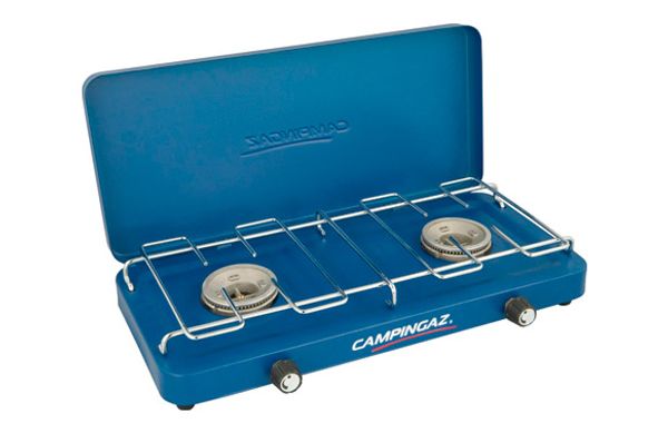 COCINA A GAS DOS FUEGOS PORTATIL CON TAPA 1.6+1.6 KW 43X24X8 CM