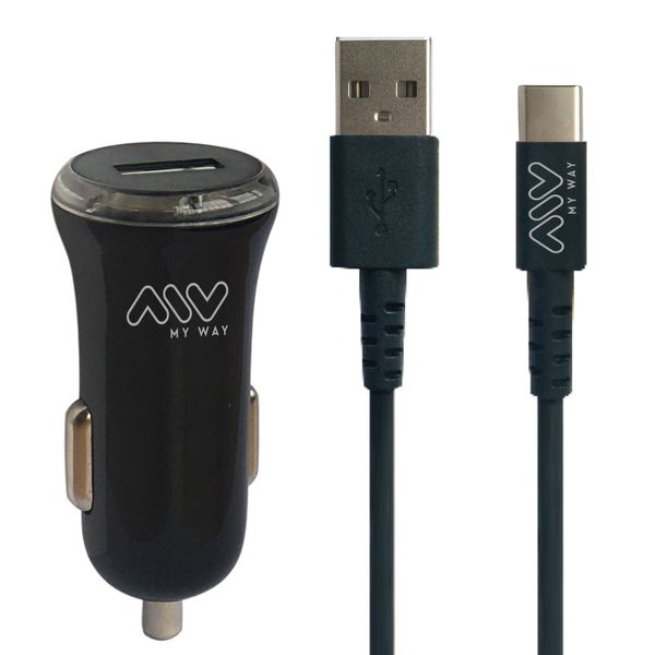 CARGADOR AUTOMOVIL USB + CABLE TIPO C 2A 15,6X8X3CM ABS NE PACK