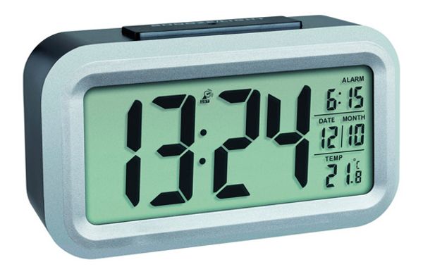 RELOJ DESPERTADOR PORTATIL GRIS CON TERMOMETRO