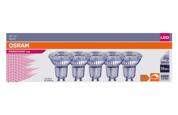 BOMBILLA GU10 4,5W/350LM 4000K OSRAM PACK 5 UNID. LPPAR16D5036