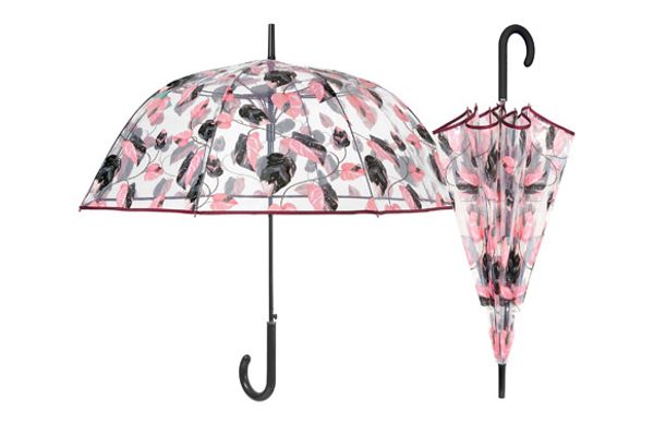 PARAGUAS MUJER LARGO AUTOMATICO HOJAS ROSA/NEGRO TRANSPARENTE