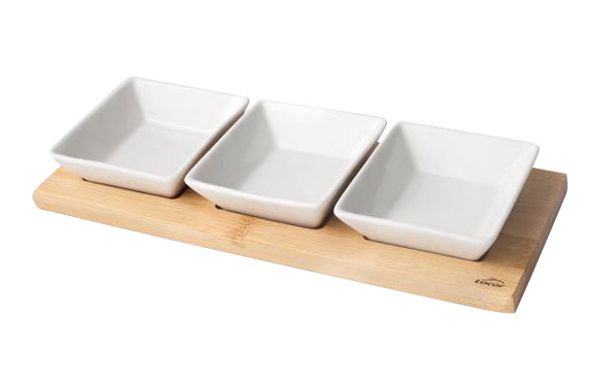 BANDEJA APERITIVOS BASE BAMBU 3 CUENCOS 28X10CM