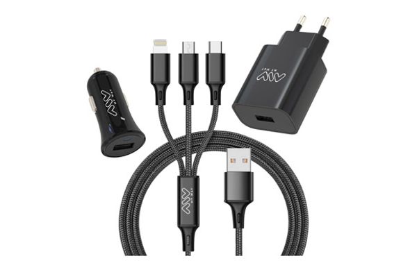 PACK CARGADOR DE COCHE USB+CARGADOR CASA USB+CABLE 3 EN 1 TIPO C NEGRO