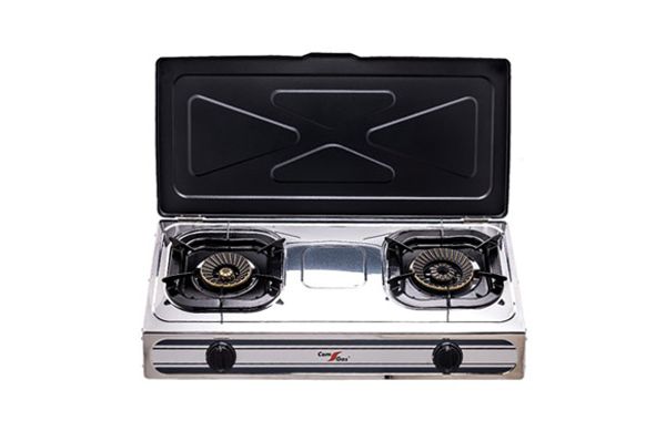 COCINA A GAS DOS FUEGOS PORTATIL CON TAPA INOX 3.4+4.3 KW 71X37X8.5 CM