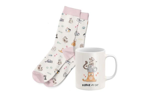 TAZA 300ML + CALCETIN T.38-42 SET REGALO GATOS