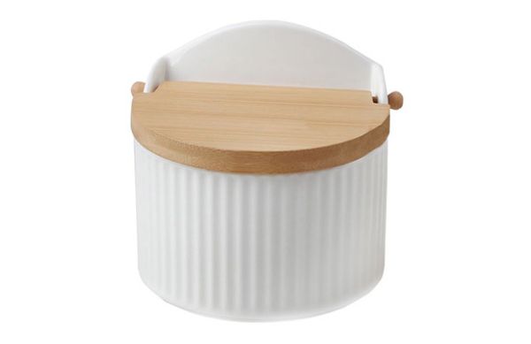 SALERO PORCELANA GRABADA TAPA BAMBU BLANCO RAYAS