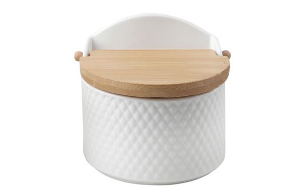 SALERO PORCELANA GRABADA TAPA BAMBU BLANCO ROMBOS