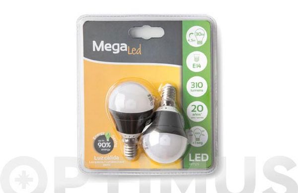 BOMBILLA LED ESFERICA MINI (PACK 2 UNIDADES) E14 LUZ CALIDA 310LM 4,5W