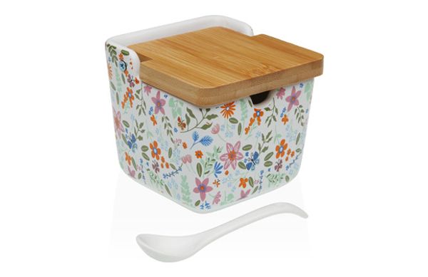 AZUCARERO CERAMICA TAPA BAMBU + CUCHARA FLOWERS-8,8X8,8X8,5CM