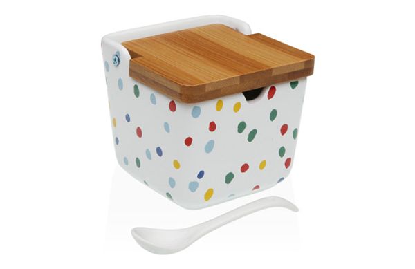 AZUCARERO CERAMICA TAPA BAMBU + CUCHARA DOTTY-8,8X8,8X8,5CM