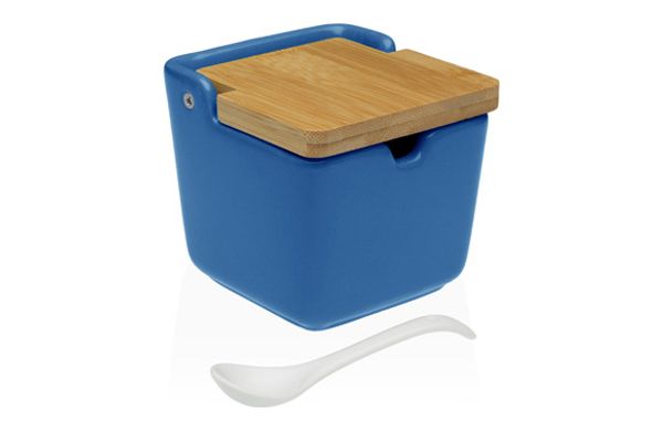 AZUCARERO CERAMICA TAPA BAMBU + CUCHARA AZUL-8,8X8,8X8,5CM
