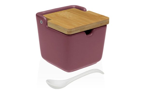 AZUCARERO CERAMICA TAPA BAMBU + CUCHARA BURGUNDY-8,8X8,8X8,5CM